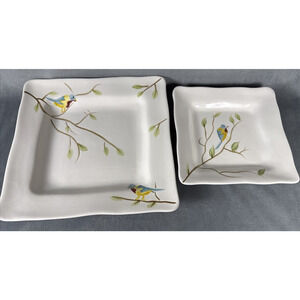 Pier 1 One ROBIN Earthenware 11" 8" Square Dinner‎ Plate Bird Scalloped SET OF 2